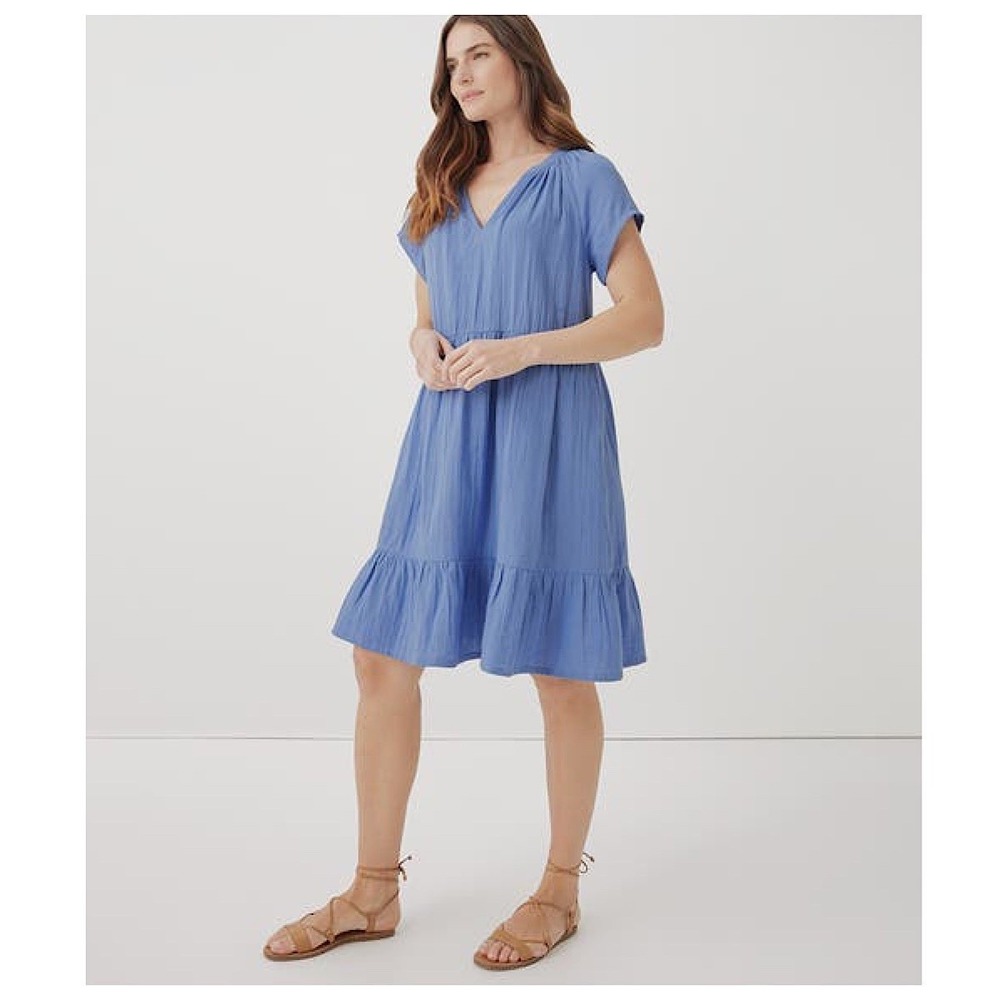 Pact Double Gauze Breezy Dress Women Sz S Blue Tiered Short Sleeve V-Neck